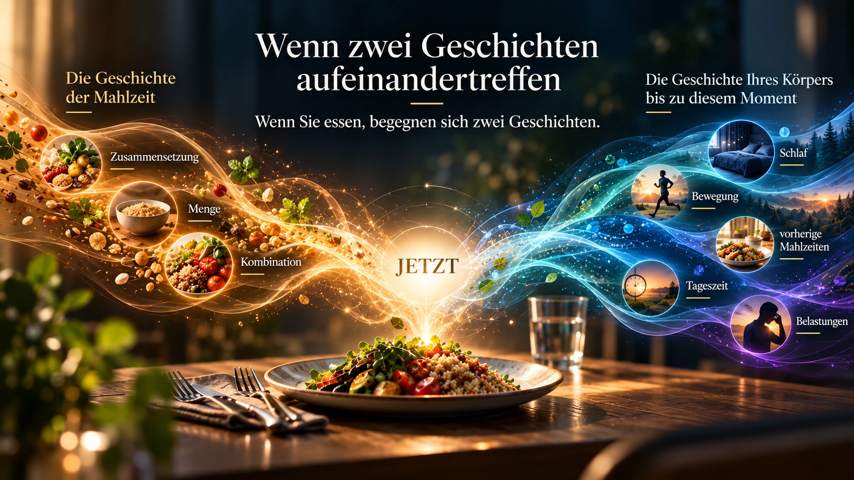Die Eigenschaften einer Mahlzeit und die Vorgeschichte des Körpers treffen im Moment des Essens aufeinander.