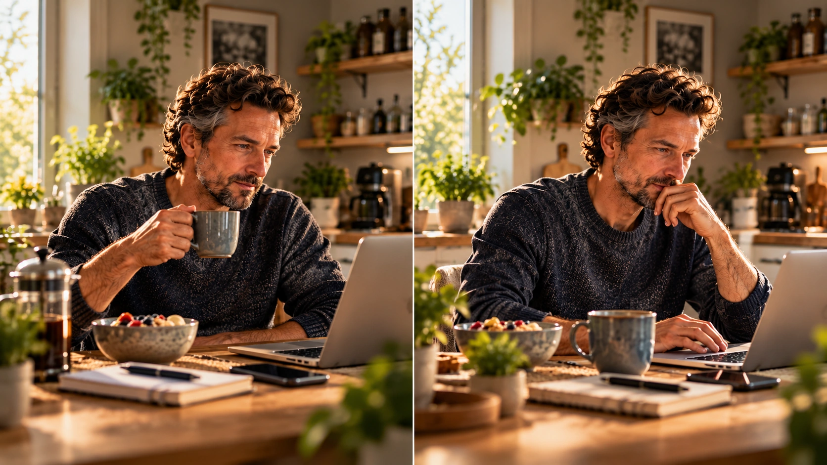 Derselbe Mann sitzt in zwei sehr ähnlichen Alltagssituationen an einem Küchentisch mit Frühstück, Tasse und Laptop. Kleine Unterschiede in Haltung und Handlung zeigen zwei verschiedene Momente, ohne ihre jeweilige Vorgeschichte sichtbar zu machen.